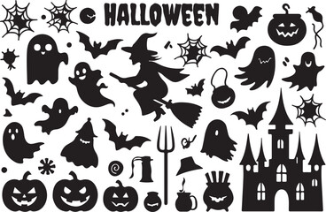 Halloween silhouettes ghosts bats witches pumpkins castle spooky