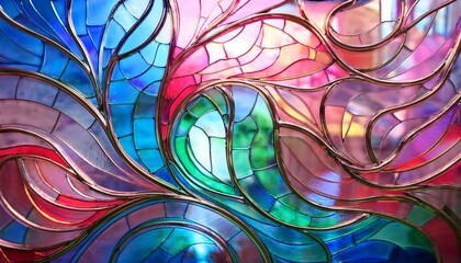 colorful stained glass design featuring soft curves and light reflections in shades of pink blue and green at a creative art studio