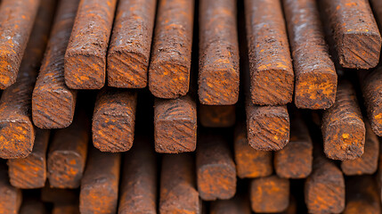 Rusty metal bars with a square cross-section are closely stacked. The close-up captures the texture and color variations caused by oxidation.