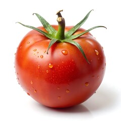 A fresh red tomato with water droplets isolated on white background