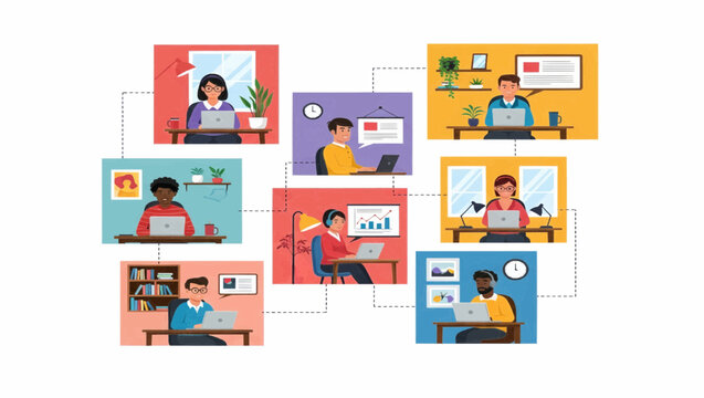 Virtual Team Meeting Illustration Connected People Working Remotely Online