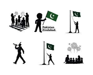 Fototapeta premium Family silhouette celebrating 14 August with Pakistani flag hoisting scenes, pakistan zindabad