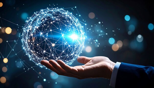 A hand holds a glowing interconnected digital globe