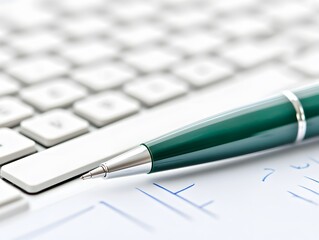 Close-up Green Pen on White Keyboard and Paper Checklist