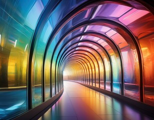 vibrant tunnel featuring prismatic colors reflecting off glass panels creating mesmerizing visual experience colorful ambiance evokes sense