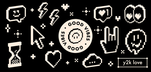 3d emoticon set in pixel art. Retro digital communication icons on dark background. Gaming style social media elements, heart, eyes, reactions, rock hand for arcade design. Cyberpunk aesthetic sticker