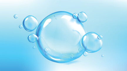 Realistic vector illustration of transparent water bubbles floating on a soft blue gradient background. Perfect for use in hygiene, cleaning, skincare, spa, fresh water, or eco-themed design projects