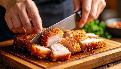 Crispy pork cut with a knife