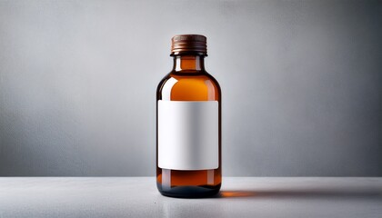 brown glass bottle with a blank label on a textured surface against a gray background