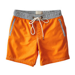Bright orange swim trunks with striped waistband and white drawstring isolated on transparent background
