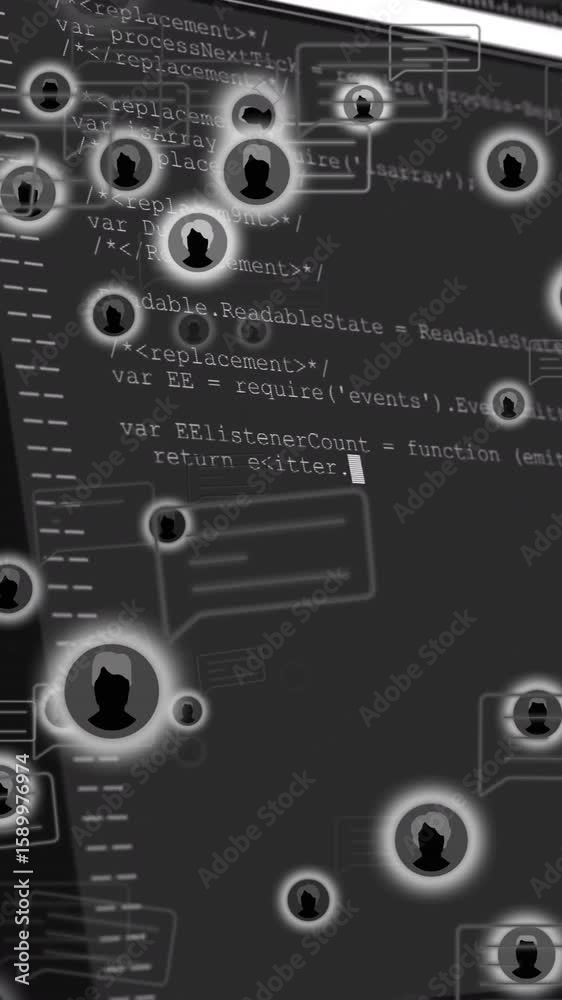 Poster animation of chat bubbles and silhouettes over computer code in school setting