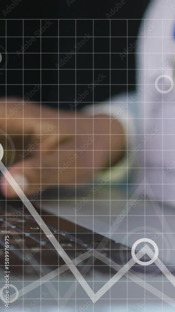 Poster hands typing on laptop keyboard with data graphs and charts overlay animation