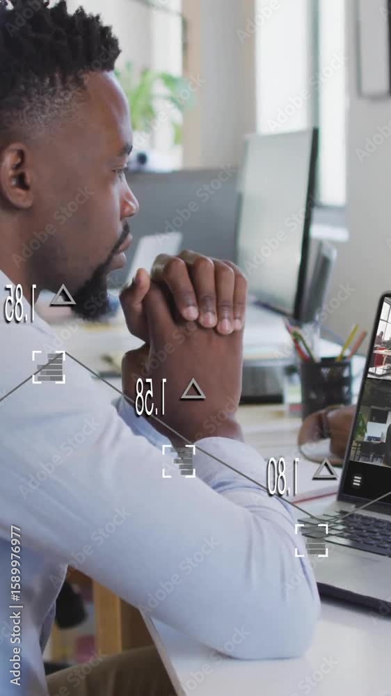 Poster man participating in virtual meeting with data processing animation overlay