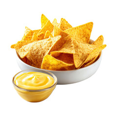 Bowl of nachos with a side of yellow dip