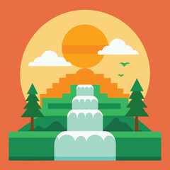Cascading Waterfall Landscape with Sunrise Pine Trees And Terraces