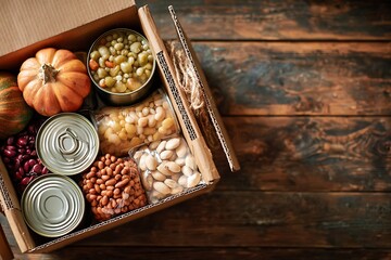 A box filled with canned goods, beans, and a pumpkin, symbolizing food donation and support for those in need.