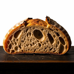 Rustic close-up of halved sourdough loaf on dark textured surface, with visible air pockets and golden crust. Warm side light copy