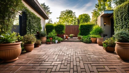Fototapeta premium symmetrical front yard garden with potted plants vibrant greenery and serene atmosphere creating peaceful retreat