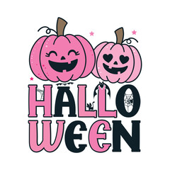 Pink Halloween Pumpkin greeting card template with hand-drawn lettering and simple illustration for cards