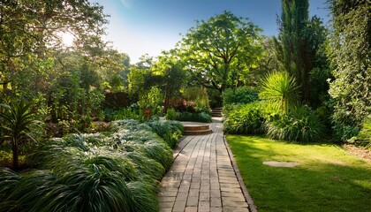 serene garden pathway surrounded by lush greenery and vibrant plants creating peaceful atmosphere on sunny day
