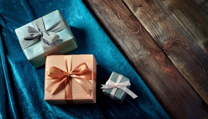 vintage style gift boxes against blue velvet background