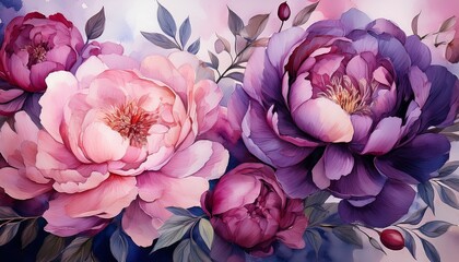 a detailed watercolor painting of blooming peony flowers in deep purple and pink shades capturing lush floral textures and elegance
