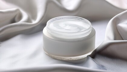 close up of mockup cream jar on draped white silk