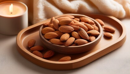 almonds on wooden tray with beige blanket and candle in background