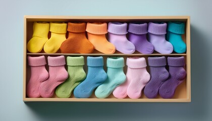 a neatly organized drawer displays socks in various pastel shades including purple teal mint yellow and pink colorful order and organization