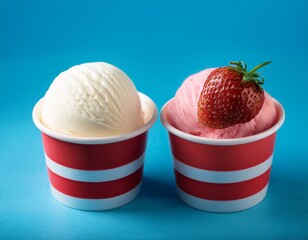 two ice cream cups vanilla and strawberry against blue background