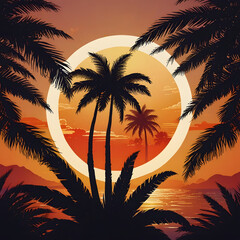 Abstract Tropical Sunset with Palm Trees and Glowing Circle Design