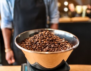 a bowl brimming with coffee beans sits on a scale with a barista standing behind it