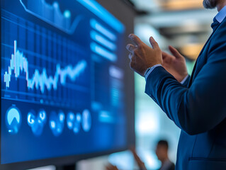 Man presenting financial data on a large screen