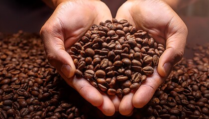 hands hover over a large pile of coffee beans on a flat surface fresh coffee beans