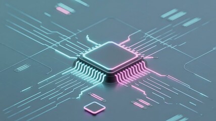 Fototapeta premium A glowing cpu processor chip on a futuristic circuit board with neon lights.