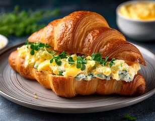 a croissant is filled with a creamy egg salad garnished with herbs and placed on a plate savory breakfast or brunch sandwich