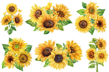 Sunflowers and yellow butterfly watercolor floral bouquet with green leaves summer composition for cards, posters, floral prints 