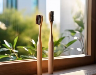 two bamboo toothbrushes rest on a windowsill facing upward sustainable and eco friendly dental care concept