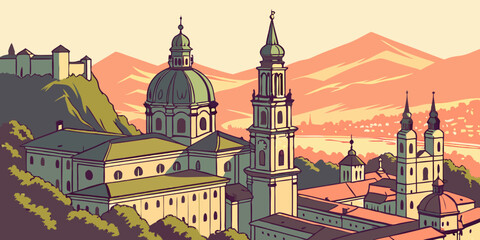 Naklejka premium Aerial view of Salzburg at sunrise highlights fortress-topped hills and baroque spires glowing in warm morning light