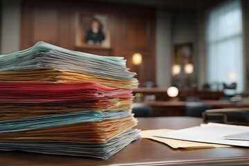 Stack of colorful case files and folders on clerk's desk in courtroom, symbolizing high workload and legal proceedings with organized chaos and professional atmosphere
