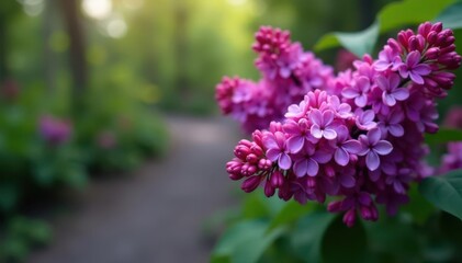 Obraz premium Full bloom lilac bush, purple flowers, ample copy space , soft, lilac, purple lilac bush