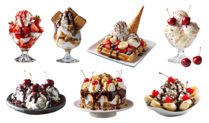 Collection of ice cream scoop Sundae sundaes frozen dessert, icecream cake waffle, banana split, chocolate strawberry on transparent cutout PNG. Many different variety. Mockup template for design