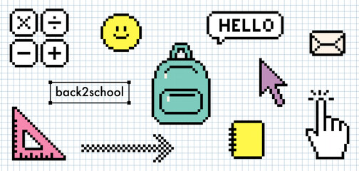 8 bit old school isolated colorful vector elements on notebook grid. Blue backpack icon, calculator, triangle, smile, arrow for y2k back to school digital design. Pixel art retro study supplies set