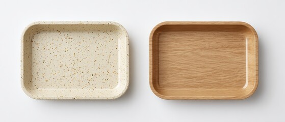 Fototapeta premium Two rectangular containers placed side by side on a flat surface, one with a speckled beige interior and the other with a smooth wooden finish, emphasizing minimalistic design