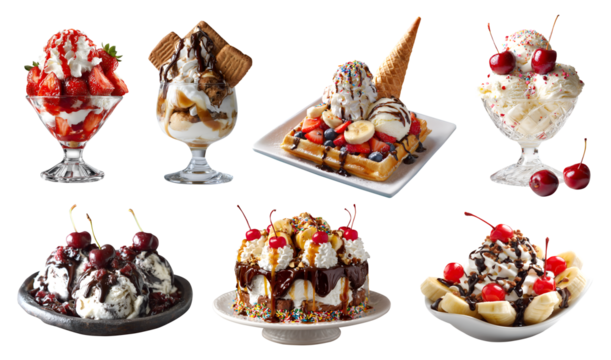 Collection of ice cream scoop Sundae sundaes frozen dessert, icecream cake waffle, banana split, chocolate strawberry on transparent cutout PNG. Many different variety. Mockup template for design