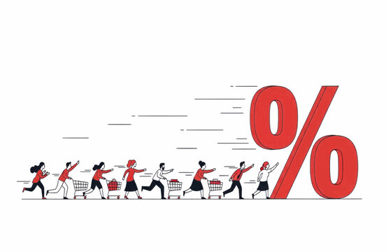 Vector illustration of shoppers racing for a sale, emphasizing the excitement and competition around percentage discounts, indicating the concept of consumerism.