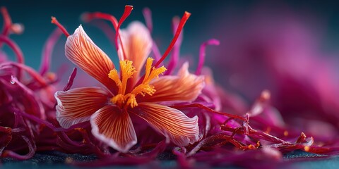 Artistic Close-Up of Vibrant Saffron Flower with Red and Yellow Stigmas and Petals