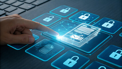 A persons finger hovers over a digital document icon surrounded by security icons, symbolizing data protection and cybersecurity measures