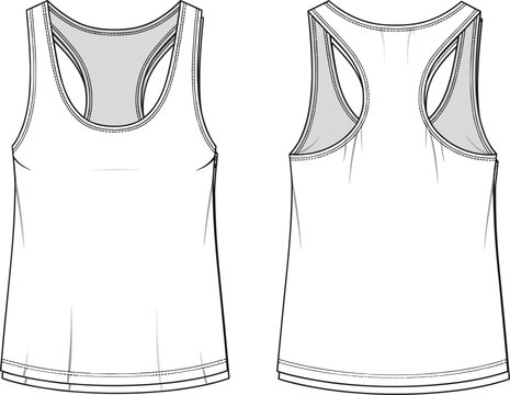 Men&rsquo;s racerback tank top sketch front and back views, round neckline, sleeveless athletic silhouette, stitch seam detailing, casual fashion flat illustration layout
