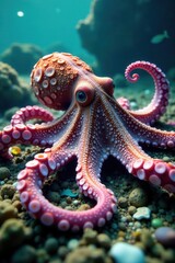 Giant octopus amidst plastic debris on seabed, environment, wildlife photography